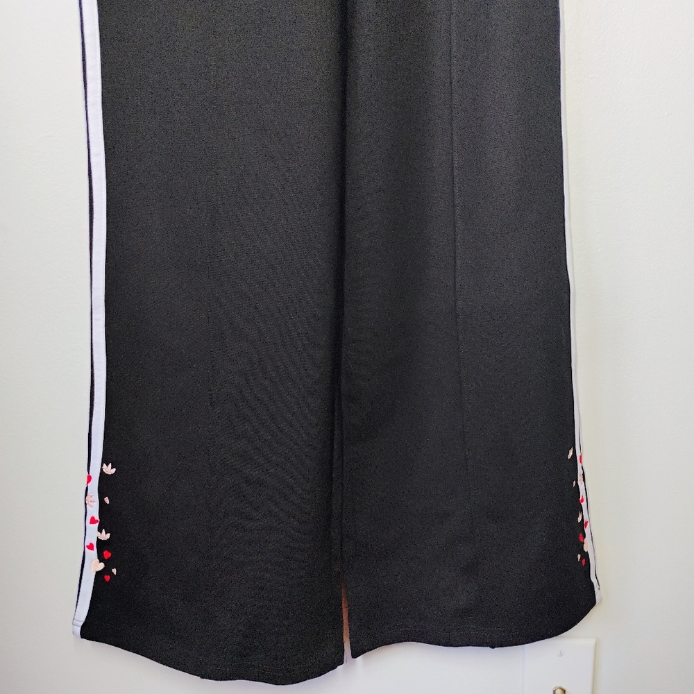 adidas Black Track Pants with White Side Stripes and Red/Gold Heart Embroidery - Picture 2 of 13